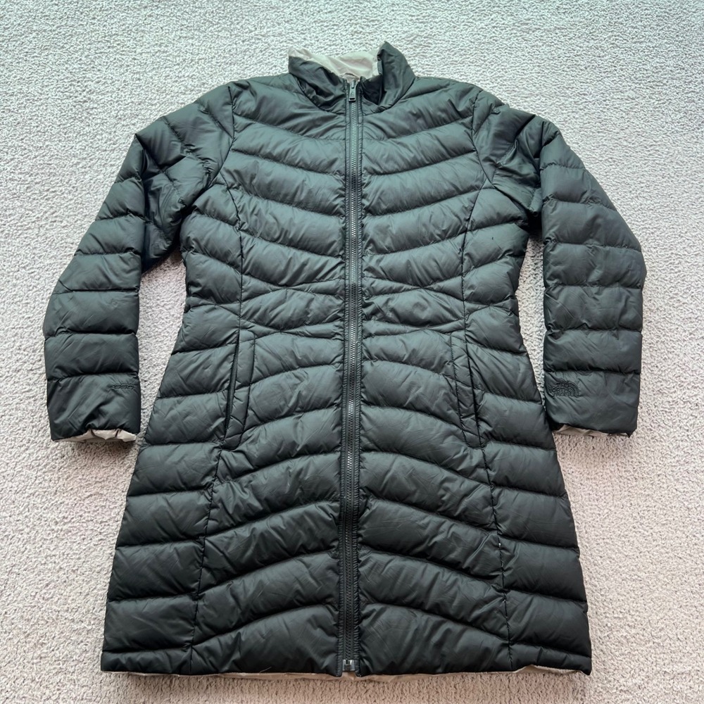 The North Face Womens Reversible Down Parka Black Grey Quilted Puffer Jacket L